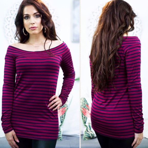 ValMarie Tops - Burgundy & Navy Blue Striped Long Sleeve Shirt